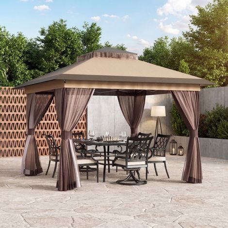 Tonnelle de Jardin Extérieur 3,3x3.3 m Cadre en Acier Doubles Belvédère avec moustiquaire pour pelouse,terrasse marron Modern Shade (1/5)