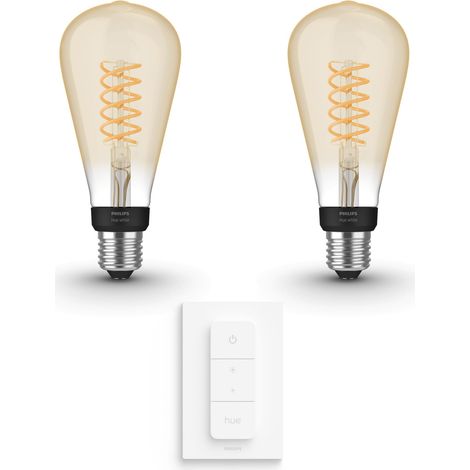 Philips Hue Kit d'extension E27 avec 2 Ampoules à filament Edison Grande (ST72) Lumière blanche chaude - Comprend 1 Variateur de lumière - White (1/5)