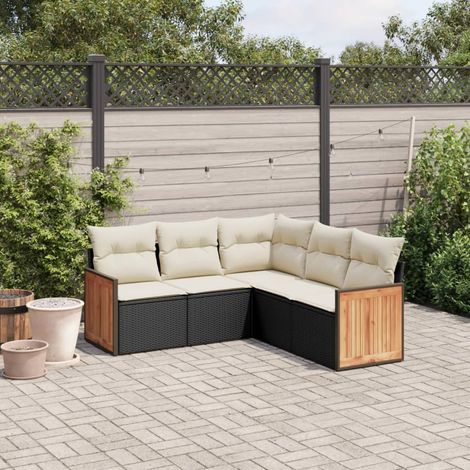 Ensemble Salon Jardin 5 Pièces en Résine Tressée Noir avec Coussins et Structure Acier Enduit (1/5)