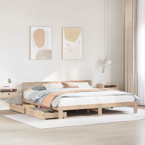 Cadre de lit bois massif pin sans matelas 180x200cm avec tête de lit et 2 tiroirs de rangement sous-lit, sommier à lattes, facile à déplacer, stable et durable (1/4)