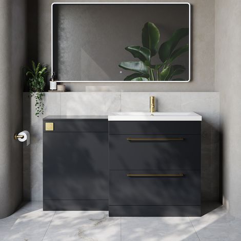 Napoli 390 Cento Gloss Grey 1400mm 2 Drawer Vanity Unit Toilet Suite with Glide Basin - 1400mm - Brushed Brass 480mm HandleWithout Kingston Toilet Pan