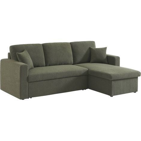 sweeek - 3-Sitzer Schlafsofa mit beidseitig montierbarer Recamiere und Bouclé-Bezug, Bouclé, Khaki