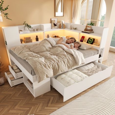 Funktionsbett 140x200 cm mit Stauraum und LED-Beleuchtung, Tagesbett aus Holz in Weiß, inkl. USB-Ladestation und Schubladen (1/5)