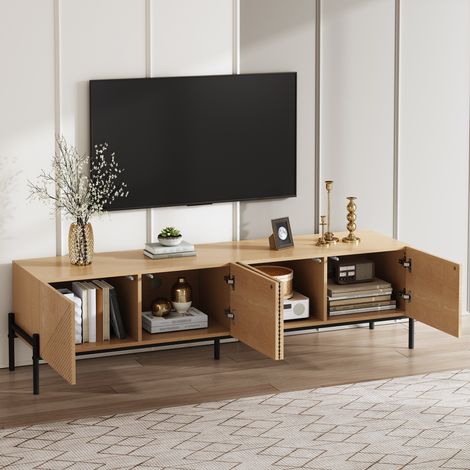 Meuble TV avec 4 Portes et Passe-cables, Ouverture par Pression, Texture 3D, pour Salon, MDF, Naturel, 163.5 x 40 x 45 cm (1/5)