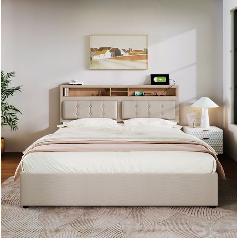 Lit coffre 160x200 cm en lin beige avec tête de lit réglable, prises + USB/Type-C, sommier inclus, avec matelas (1/5)