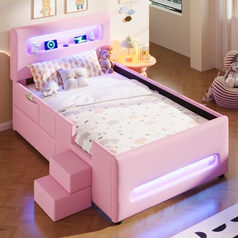 Lit coffre 90x200 avec tiroir LED en PU rose HAVRYA (1/5)
