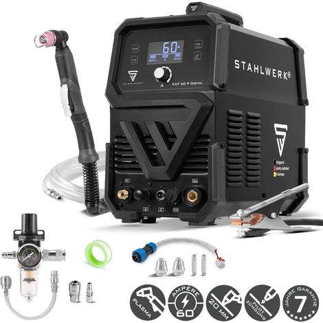 STAHLWERK Plasmaschneider CUT 60 P Digital – Plasmaschneidgerät mit 60 A, Schneidleistung bis 20 mm, Inverter Plasma Cutter mit HF-Pilotzündung, THC-Schnittstelle für CNC-Höhenregelung