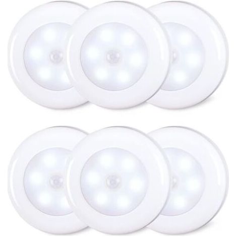 Lot de 6 lampes LED à détecteur de mouvement 8 cm, intérieur, piles AAA, adhésives pour escaliers, sous-meubles, armoires, blanc froid (1/4)