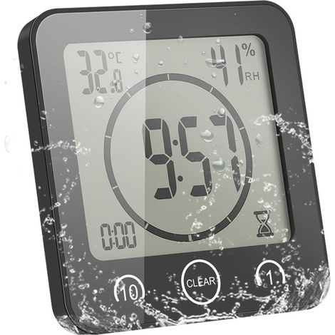 Horloge de Salle de Bain, Alarme Numérique LCD avec Horloge de Douche Tactile étanche, Humidité de la Température, Compte à Rebours, 3 Méthodes de Montage, Alimentation par Batterie (Noir) (1/5)