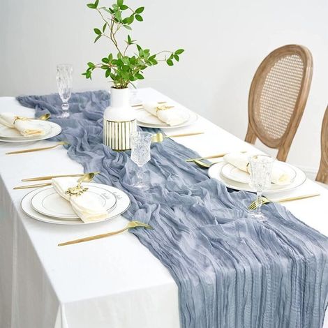 Chemin de Table en Gaze en Bleu, 90 x 400cm Gaze Translucide Rustique, Chemin de Table Boho, Nappe en Mousseline de Soie Bleu pour Mariage Douche (1/4)