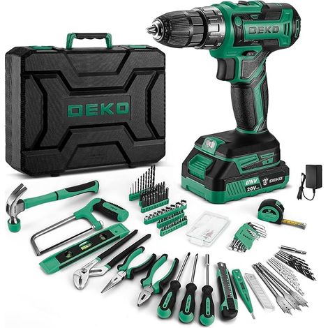 186-Piece Complete Tool Box with Cordless Drill 20V, 1.5Ah Battery, for Home, Office and Car, for Daily Maintenance, Green (1/5)