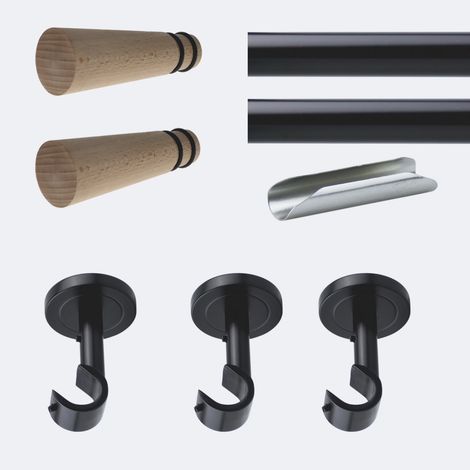 Kit de tringle à rideaux Noir Mat 300cm Diam.20mm Embout Cône Bois - Fixation Plafond - Boulet (1/3)