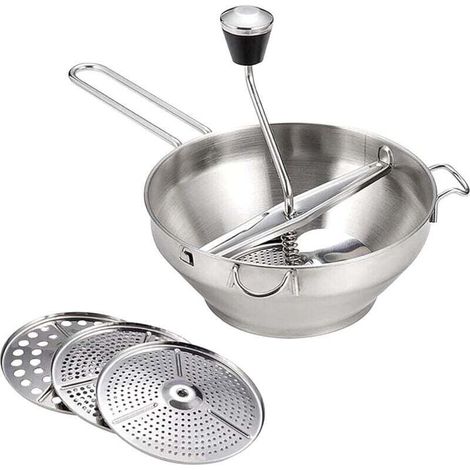 Prensa manual de acero inoxidable para verduras, molinillo de verduras, molinillo de patatas para licuar verduras, frutas y sopas, con 3 rejillas diferentes, colador y exprimidor de cítricos. (1/4)
