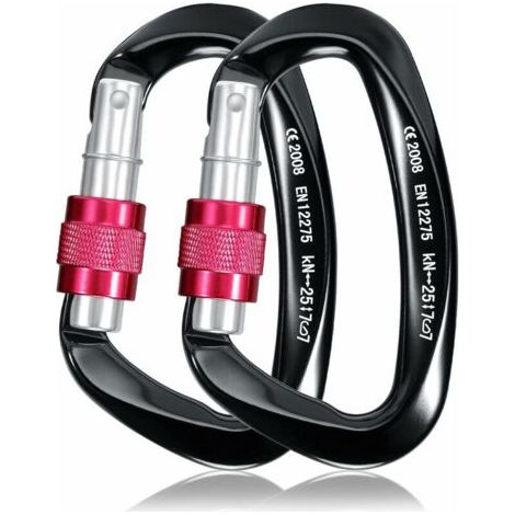 FENOPLASTICA25KN Mousqueton Escalade 2pcs , Mousqueton Verrouillage de Sécurité en Forme de D Robuste Aluminium pour Camping, Lalpinisme, Randonnée, Sauvetage, Pêche, Descente en Rappel, Hamac (Noir) (1/5)