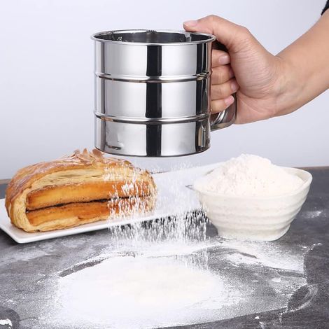 Tamis à farine à une main en acier inoxydable, passoire fine pour sucre, grains et fruits, outil de cuisine pratique (1/5)