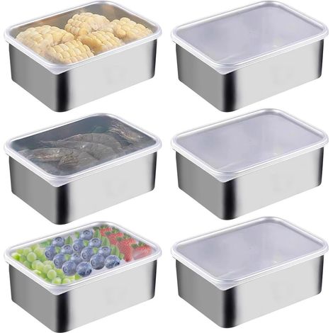 Set di 6 contenitori in acciaio inox con coperchio, ideali per la preparazione dei pasti e impilabili, 13,5 x 10,5 x 5,5 cm, resistenti e a tenuta d'aria. (1/5)