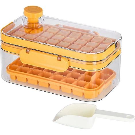 Bac à glaçons, boîte de rangement pour glaçons compressés, moule à glaçons carré pour congélateur avec couvercle, machine à glaçons domestique avec plateau et pelle (orange) (1/4)