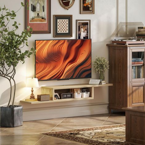 HOMCOM Meuble TV mural flottant suspendu, étagère murale flottante avec niche et passe-fils, chêne clair