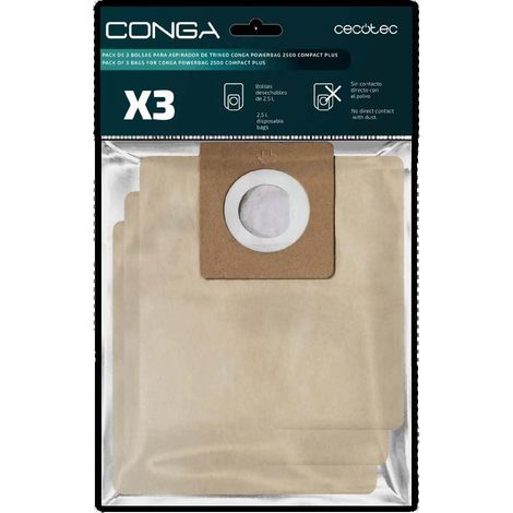 Cecotec Sacchetti per Aspirapolvere a Traino Conga PowerBag 2500 Compact Plus. Borse Igieniche, Include 3 sacchetti compatibili Conga Powerbag 2500 Compact Plus Sacchetti per la polvere autosvuotanti