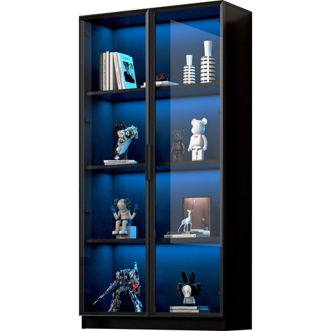 Vitrine avec Portes Verre, LED Contrôlée par Application et Étagères Réglables, Moderne, Cadres en Aluminium, en Panneau de Particules, Noir