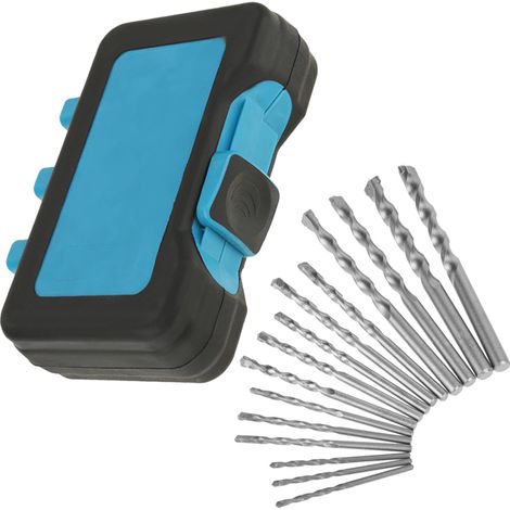 Coffret de 15 forets à maçonnerie à pointe carbure de 3 à 10 mm pour béton, brique et carrelage. Emballage en boîte plastique bleue. (1/5)