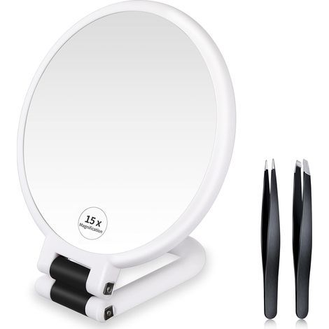 Handheld Makeup Mirror Magnifying Pocket Mirror Small 15X Magnification Mirror Portable Travel Compact Mirror Folding Double Sided Hairdressing Mirror with 2 Tweezers (1/5)