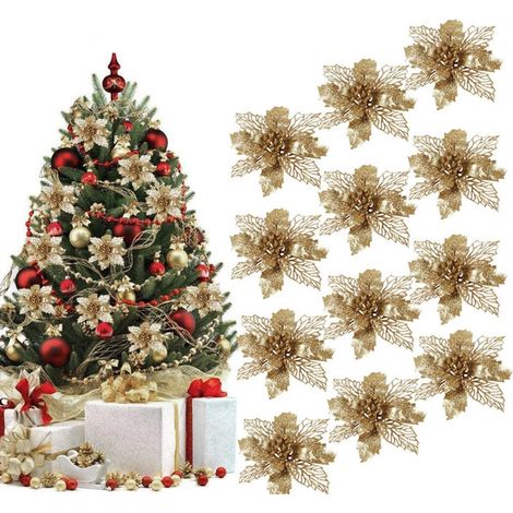 Fleur De Noël Artificielle - Poinsettia Brillante 16 cm - Décoration Arbre De Noël Guirlande Couronne - Lot De 12 Pièces (1/5)