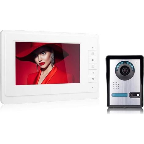 Sistema de videoportero en red con timbre de puerta con cámara y pantalla a color de 7 pulgadas, para una vivienda, panel de control exterior, timbre con cámara, blanco (1/5)
