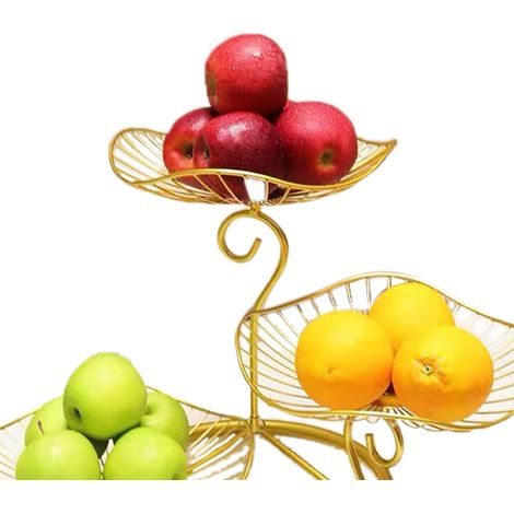 Corbeille à fruits nordique à 3 niveaux, panier de rangement moderne à plusieurs niveaux pour fruits et collations, idéal pour le salon ou la table basse. Motif feuille de lotus doré. (1/5)