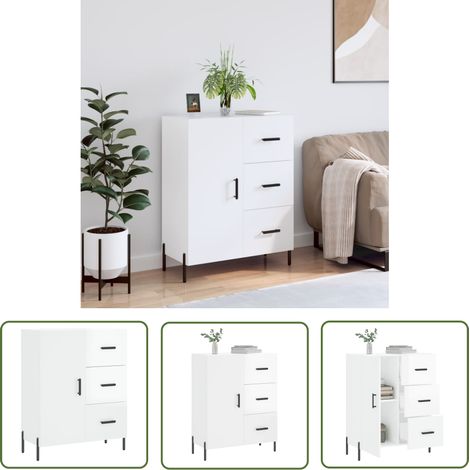 The Living Store Buffet Blanc brillant 69,5x34x90 cm Bois d'ingénierie - Buffet - Meuble De Rangement - Commode - Mobilier - Cuisine (1/5)