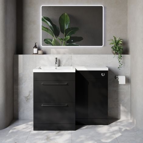 Napoli 460 Matt Black 1100mm 2 Drawer Vanity Unit Toilet Suite with Left Hand Square Lucia Basin - 1100mm - Chrome 320mm HandleWithout Kingston Toilet Pan