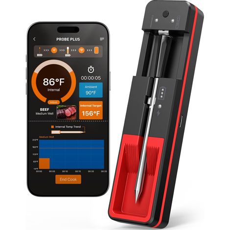 Intelligentes, kabelloses Fleischthermometer (Schwarz) – Ultradünne Sonde mit 6 Sensoren – Sofortmessung in 0,5 Sekunden – Wasserdicht (IP67) – Digitales Lebensmittelthermometer (1/5)