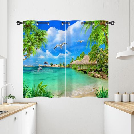 Rideau Occultant Tropical Océan Plage Palmier Rideau Thermique Isolant Draperies Intérieurs Tenture Opaque à Oeillets pour Maison Chambre Salon Fenetre 2 Pièces L 71 x H 138 cm - 71L X 138H cm (2 Pann (1/5)
