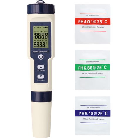 Medidor de agua 5 en 1: pH, CE, TDS, salinidad - Medidor de alta precisión para acuarios, hidroponía y laboratorio. (1/5)