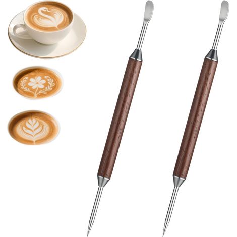 Lot de 2 Stylos à latte art, manche en bois, pointe en métal, pour espresso, cappuccino, pâtisserie (1/5)