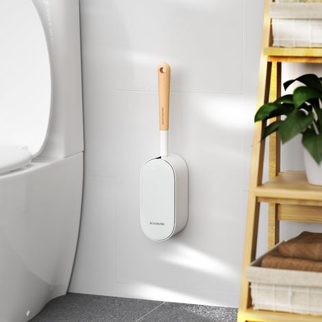 Brosse WC en Bois et Support avec Design Ergonomique, Taille compacte, Poils durables, Brosse WC en Bambou et Support pour Salle de Bain (1/5)