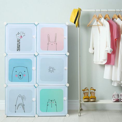 Armoire Chambre Enfants Penderie Dressing Plastique 6 Cubes Meuble de Rangement Etagère Vêtements 74×37×110 cm Bleu (1/5)