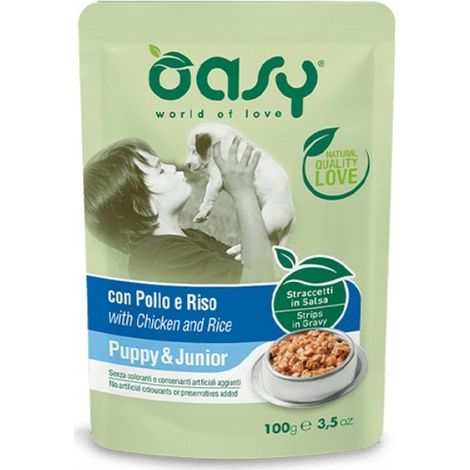 Oasy Dog Streifen 100g Beutel – Welpe & Junghund Huhn mit Reis 100g