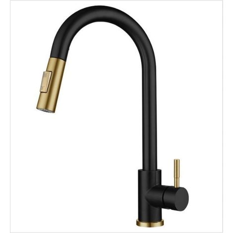 Kitchen Mixer Tap with 360° Swivel Spout, 2 in 1 Pull Out Sprayer, 304 Stainless Steel & Ceramic Cartridge, Water Saving Aerator and Anti-Burst Hose, Flexible Installation for Sink(Black Gold)