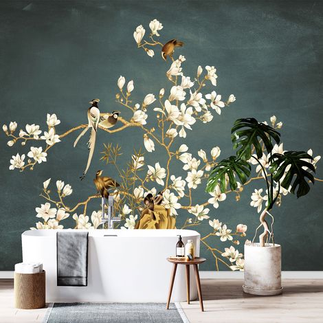 Papier peint panoramique - Fleurs Oiseaux - 130 cm x 81 cm (1/4)