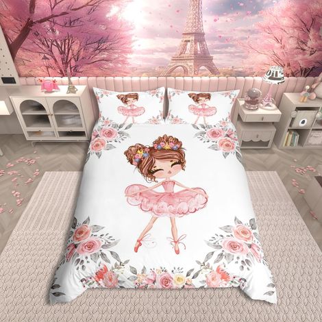 Parure de Lit 200x200 Ballet Fille Housse de Couette Enfant Petites Danseuses Mignonnes, Couvre Lit Ballerine Rose Linge de Lit et Oreillers Rose Blanc Gris Literie en Microfibre Douce (1/5)