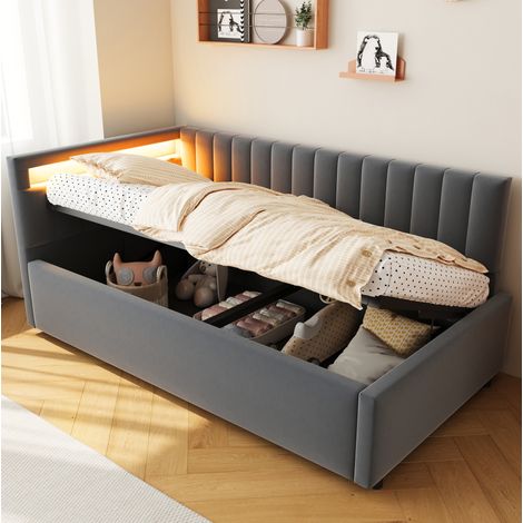 MEUBLIV Bettgestell 90x200 cm Grau – LED-Kopfteil, Stauraum, ohne Matratze (1/5)