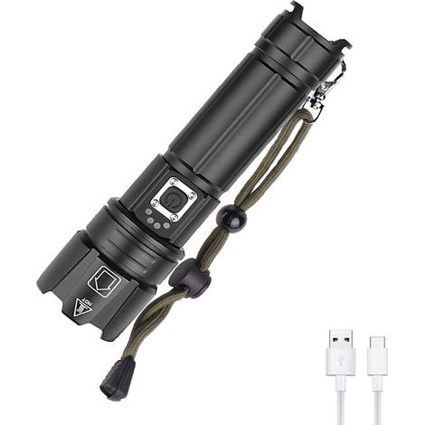 Leistungsstarke LED-Taschenlampe 6000 Lumen, wiederaufladbare XHP70-Taschenlampe mit Betriebsanzeige, zoombar, 5 Modi, für Camping, Angeln, Wandern (Batterie im Lieferumfang enthalten)