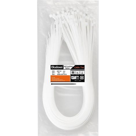 Kabelbinder 600mm x 4,8mm Weiß, 100 Stück, UV-Beständig, 22kg Zugfestigkeit (1/5)