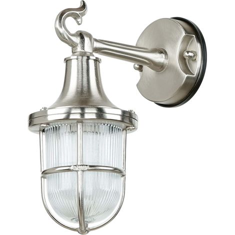 Außenwandleuchte Messing Riffelglas IP64 E27 Maritim in Nickel Wandlampe Haus Hof Garten