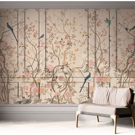 Papier peint adhésif décoratif pour salon chambre et cuisine Facile à poser avec colle Oiseaux et fleurs 312x219 cm (1/5)