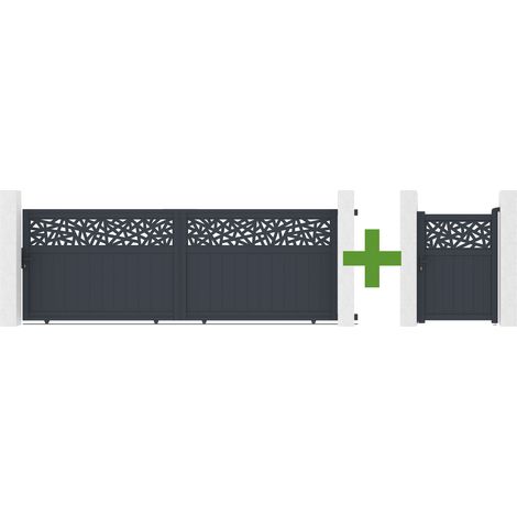 Portail coulissant 4m DOLOMITE RUIVO H.140cm aluminium gris + Portillon 1m DOLOMITE RUIVO H.140cm aluminium gris (1/5)