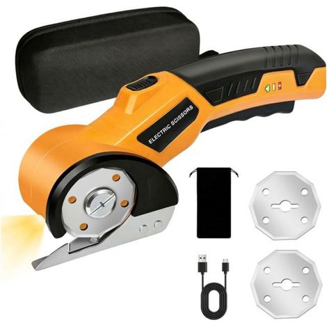 Ciseaux Électriques Sans Fil Rechargeables - Cutter Rotatif avec LED et Lames Incluses pour Tissu, Cuir et Carton - Jaune (1/5)