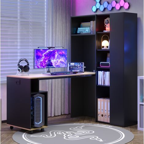 2-in-1 Klappschreibtisch mit Regal, Steckdose und USB, MDF, Schwarz/Eiche (1/5)