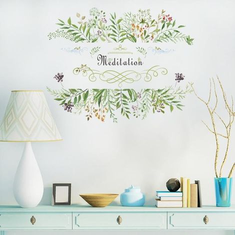 Sticker mural motif feuilles vertes et fleurs, décoration intérieure, papier peint (1/5)